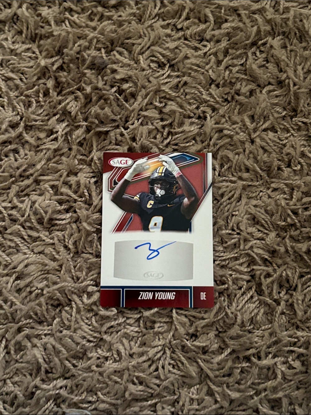 Sage Red White Football Trading Card with Blue Ink Autograph